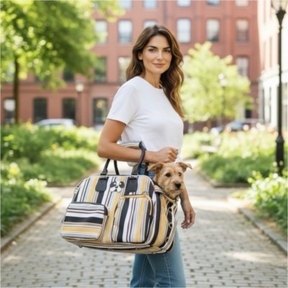 MIIN Striped Pet Carrier Bag Soft Sided Dog Cat Travel Tote Crate Style NWOT